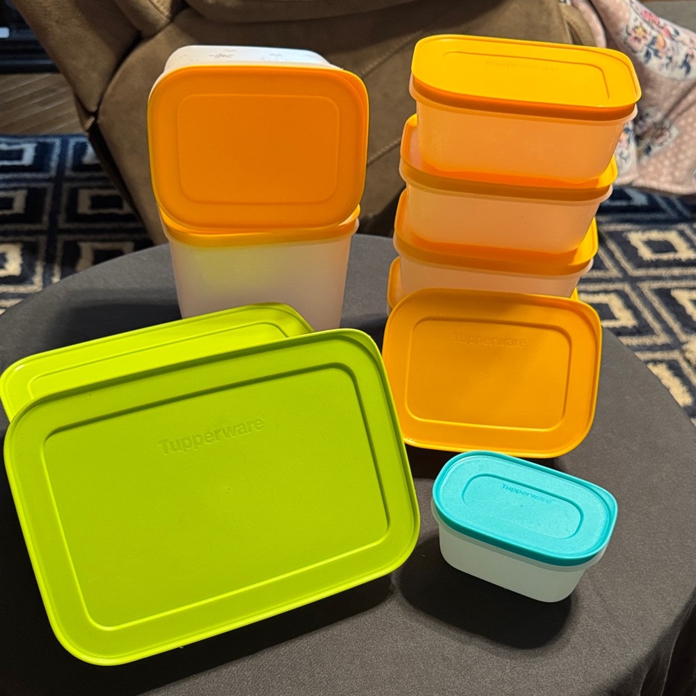 Tupperware Orange, Green, and Blue Freezer Storage Set